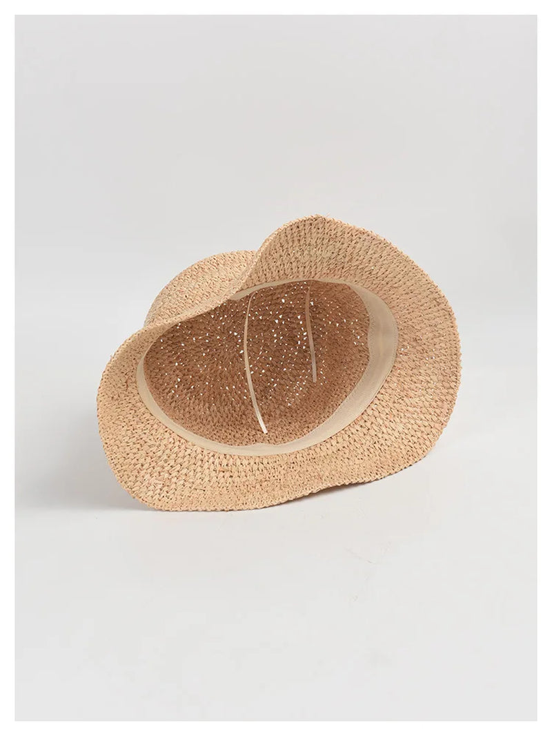 Summer High Quality Natural Raffia Straw Hat for Women Beach Hat Casual Simple Flat Top Short Brim Hand Hook Sun Hat