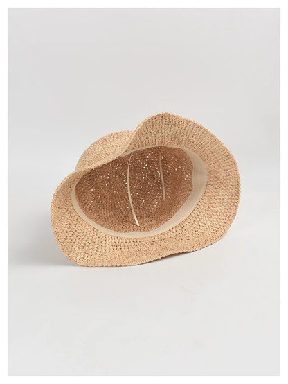 Summer High Quality Natural Raffia Straw Hat for Women Beach Hat Casual Simple Flat Top Short Brim Hand Hook Sun Hat