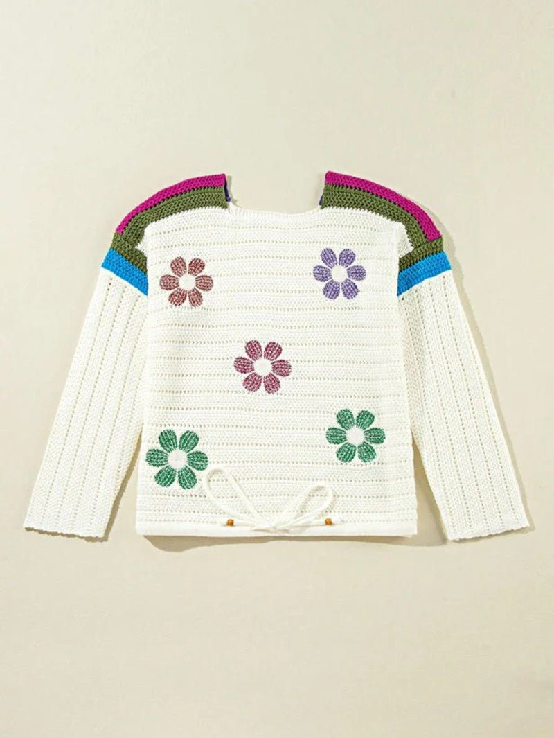 Cotton Eyelet Boho Floral Knit Sweater