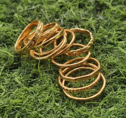Yellow Gold Ring Set of 11 Vintage Textured Stackable Boho Minimalist Jewelry Gift