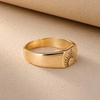 Gold Sun Signet Ring, Minimal Celestial Ring, Handmade Gold Ring, Boho Sun Jewelry, Unisex Statement Ring