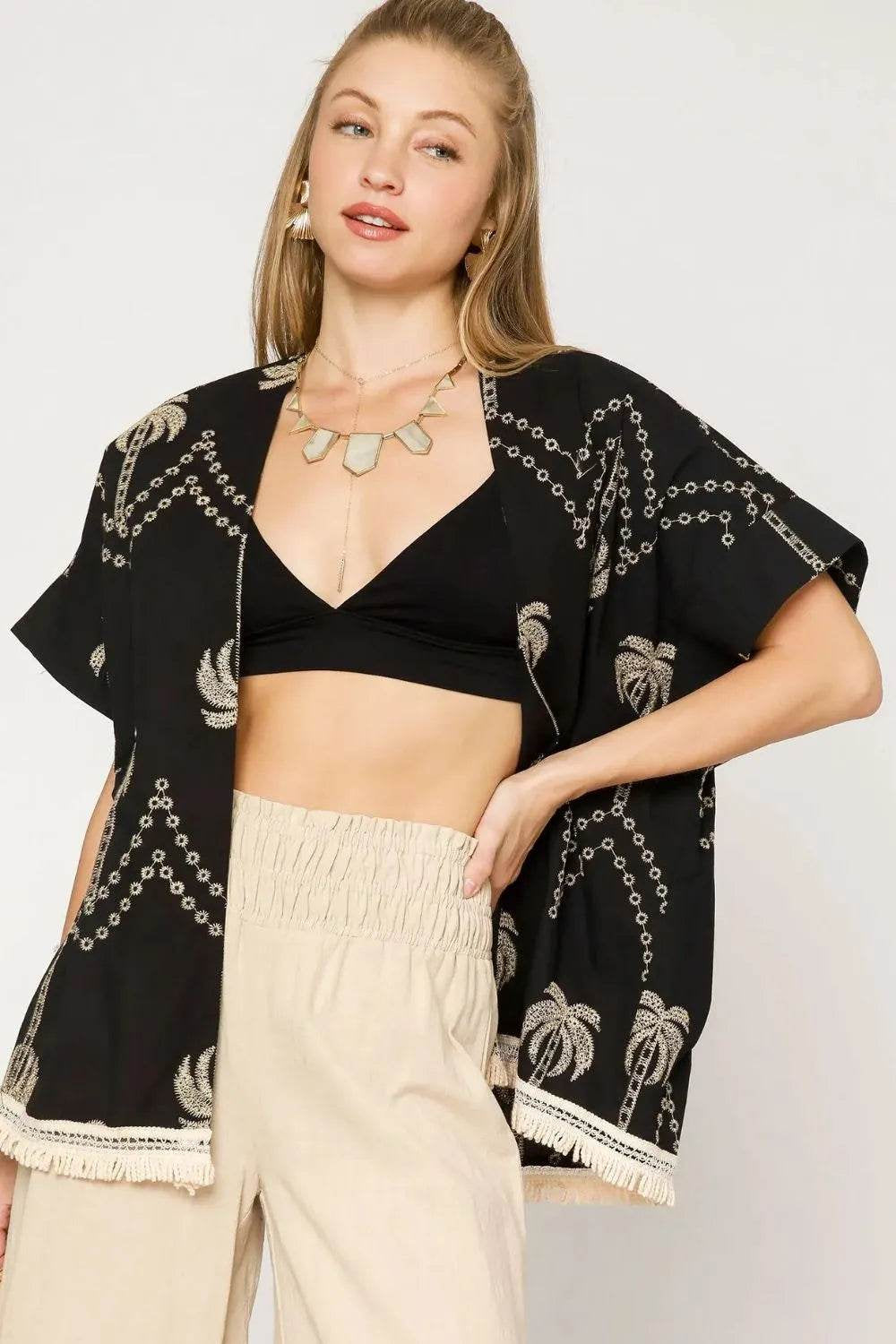 Chic Umgee Open Front Embroidered Fringe Kimono for Effortless Style
