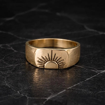 Gold Sun Signet Ring, Minimal Celestial Ring, Handmade Gold Ring, Boho Sun Jewelry, Unisex Statement Ring