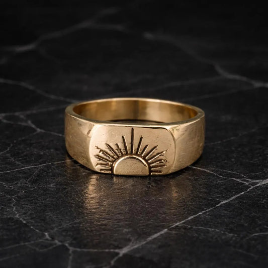 Gold Sun Signet Ring, Minimal Celestial Ring, Handmade Gold Ring, Boho Sun Jewelry, Unisex Statement Ring