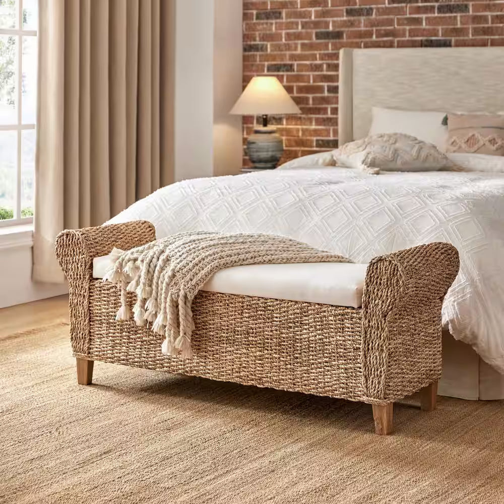 August 56 In. W Boho Flip Top Storage Rattan Entryway Bench with Solid Wood Legs and Roll Arms-Natural