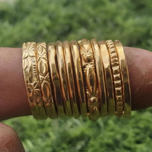Yellow Gold Ring Set of 11 Vintage Textured Stackable Boho Minimalist Jewelry Gift