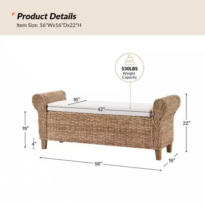 August 56 In. W Boho Flip Top Storage Rattan Entryway Bench with Solid Wood Legs and Roll Arms-Natural