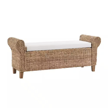 August 56 In. W Boho Flip Top Storage Rattan Entryway Bench with Solid Wood Legs and Roll Arms-Natural