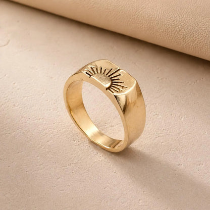 Gold Sun Signet Ring, Minimal Celestial Ring, Handmade Gold Ring, Boho Sun Jewelry, Unisex Statement Ring