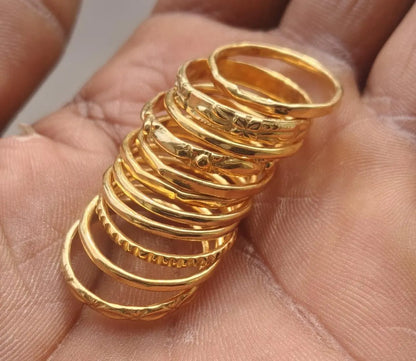 Yellow Gold Ring Set of 11 Vintage Textured Stackable Boho Minimalist Jewelry Gift