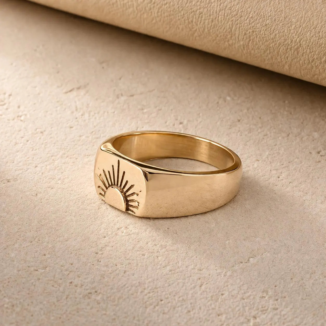 Gold Sun Signet Ring, Minimal Celestial Ring, Handmade Gold Ring, Boho Sun Jewelry, Unisex Statement Ring