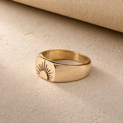 Gold Sun Signet Ring, Minimal Celestial Ring, Handmade Gold Ring, Boho Sun Jewelry, Unisex Statement Ring