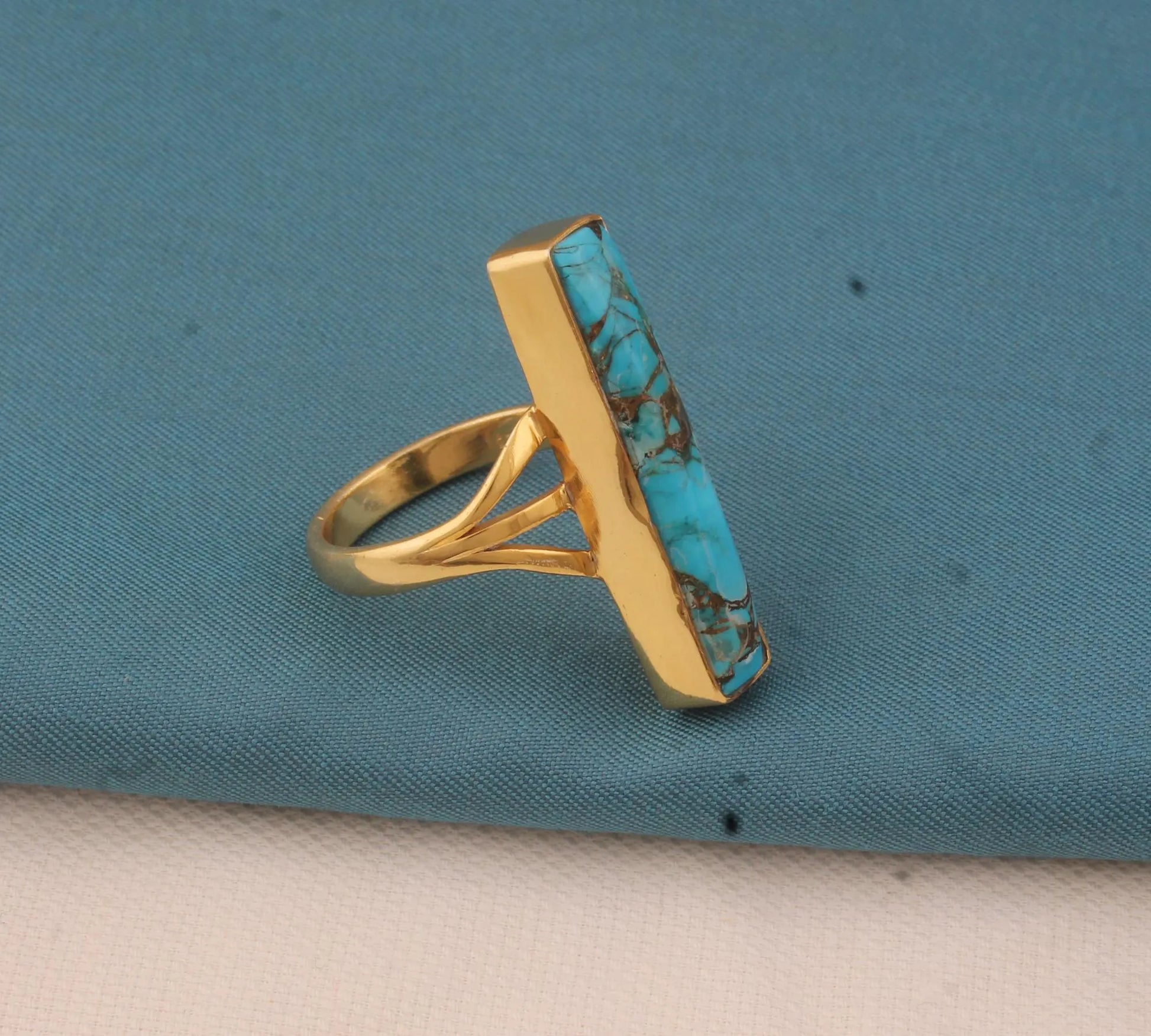 Blue Copper Turquoise 18K Gold Plated Ring: Boho Bar Statement