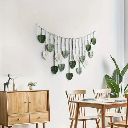 Macrame Wall Hanging,Leaves Woven Tapestry, Feather Handmade Tassels Boho Wall Decor,Leaves Art Decorations for Nursery Bedroom Living Room Apartment Home Backdrop