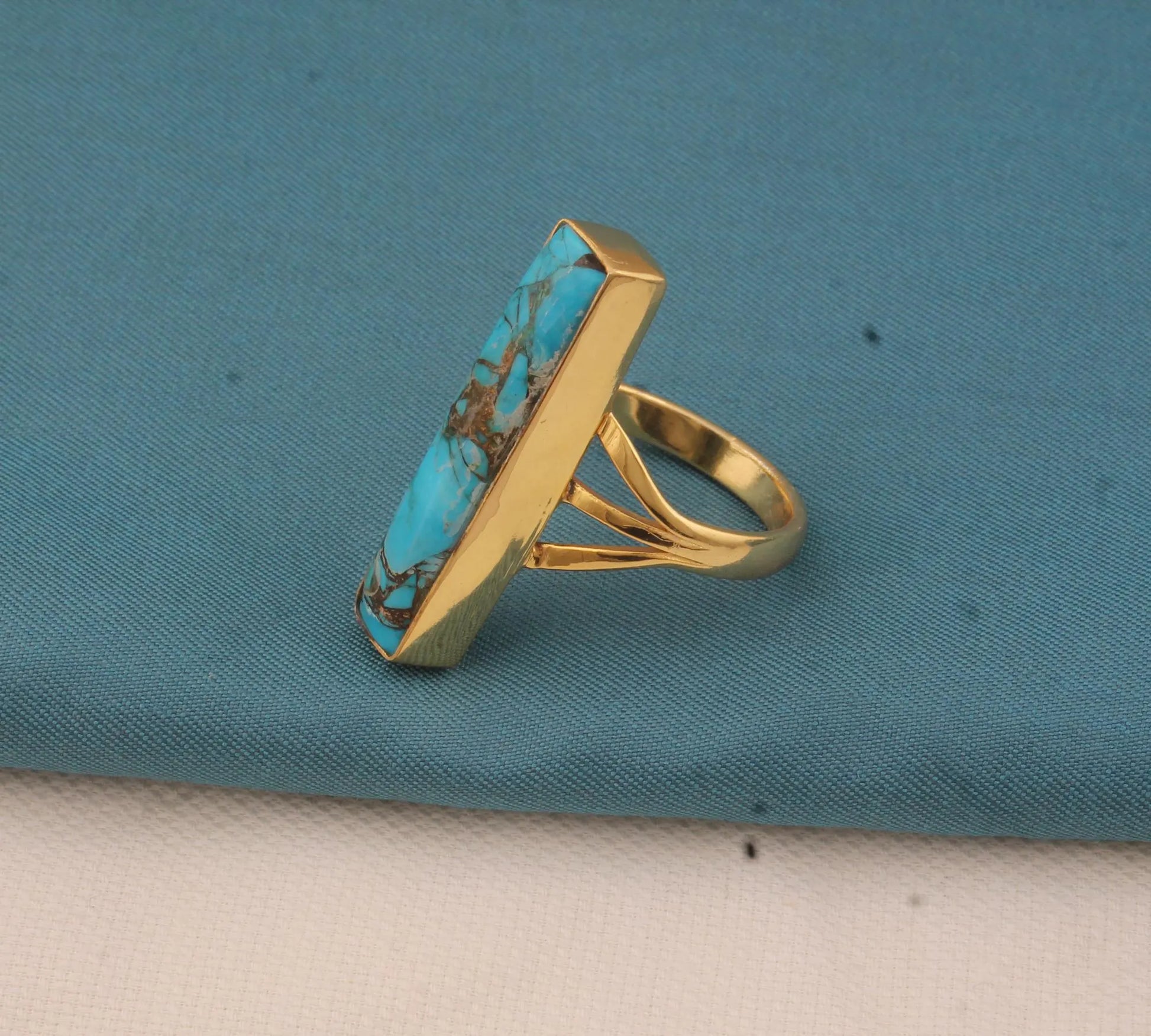 Blue Copper Turquoise 18K Gold Plated Ring: Boho Bar Statement