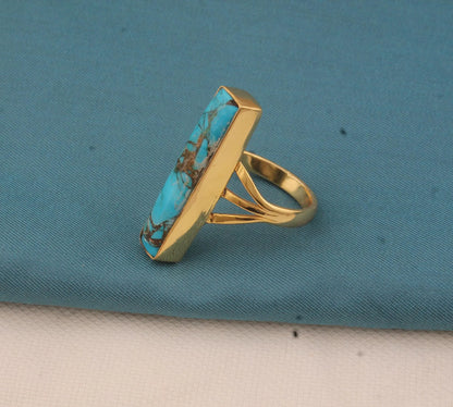 Blue Copper Turquoise 18K Gold Plated Ring: Boho Bar Statement