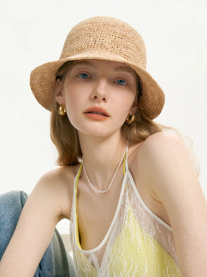 Summer High Quality Natural Raffia Straw Hat for Women Beach Hat Casual Simple Flat Top Short Brim Hand Hook Sun Hat