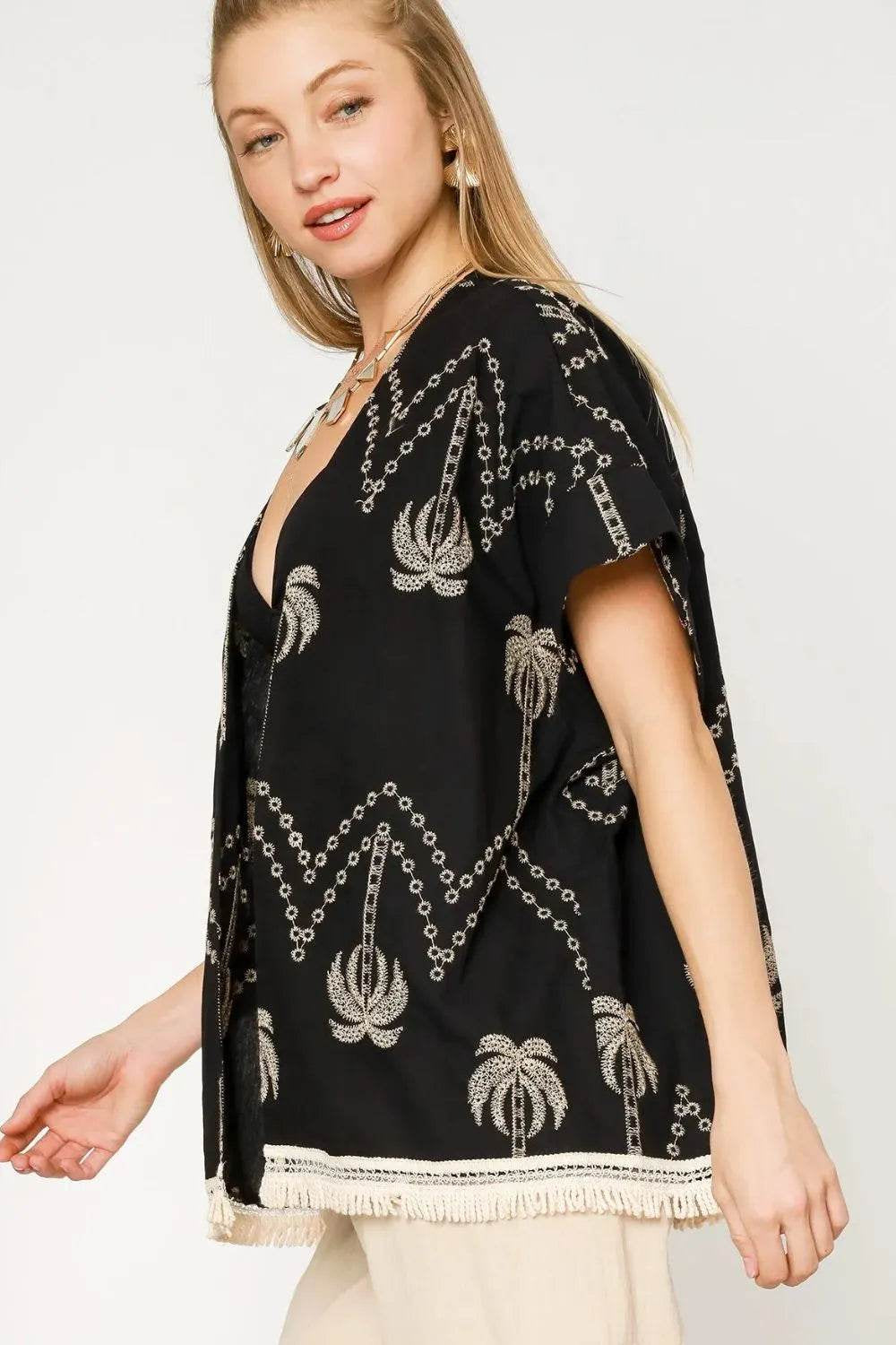 Chic Umgee Open Front Embroidered Fringe Kimono for Effortless Style