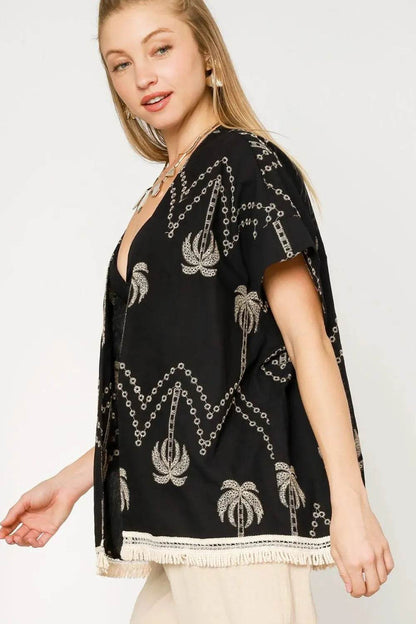 Chic Umgee Open Front Embroidered Fringe Kimono for Effortless Style
