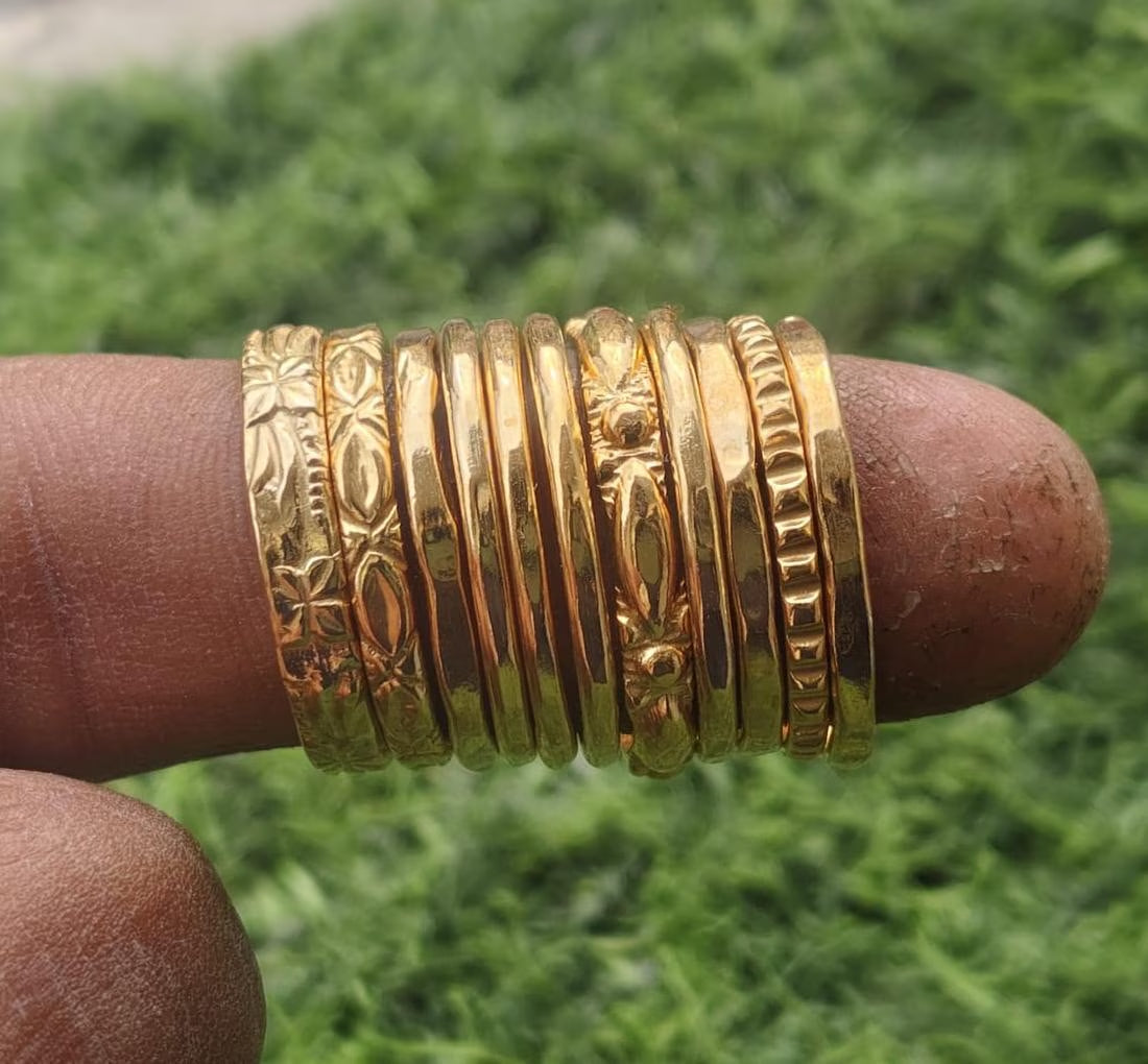 Yellow Gold Ring Set of 11 Vintage Textured Stackable Boho Minimalist Jewelry Gift