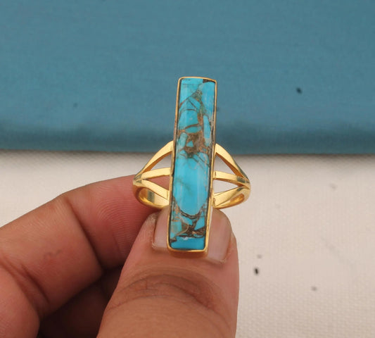 Blue Copper Turquoise 18K Gold Plated Ring: Boho Bar Statement
