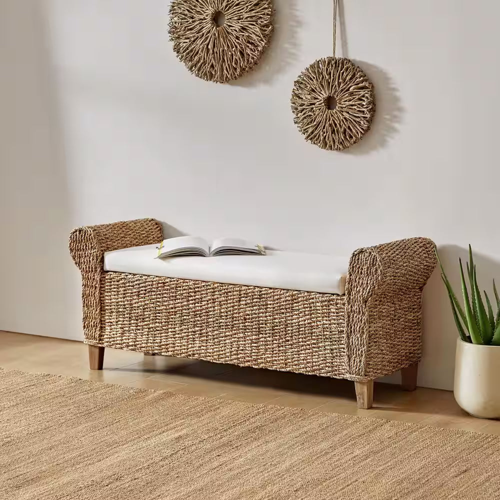 August 56 In. W Boho Flip Top Storage Rattan Entryway Bench with Solid Wood Legs and Roll Arms-Natural