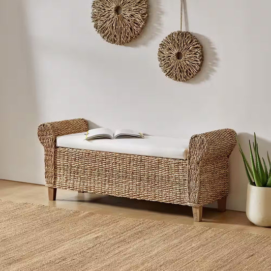 August 56 In. W Boho Flip Top Storage Rattan Entryway Bench with Solid Wood Legs and Roll Arms-Natural