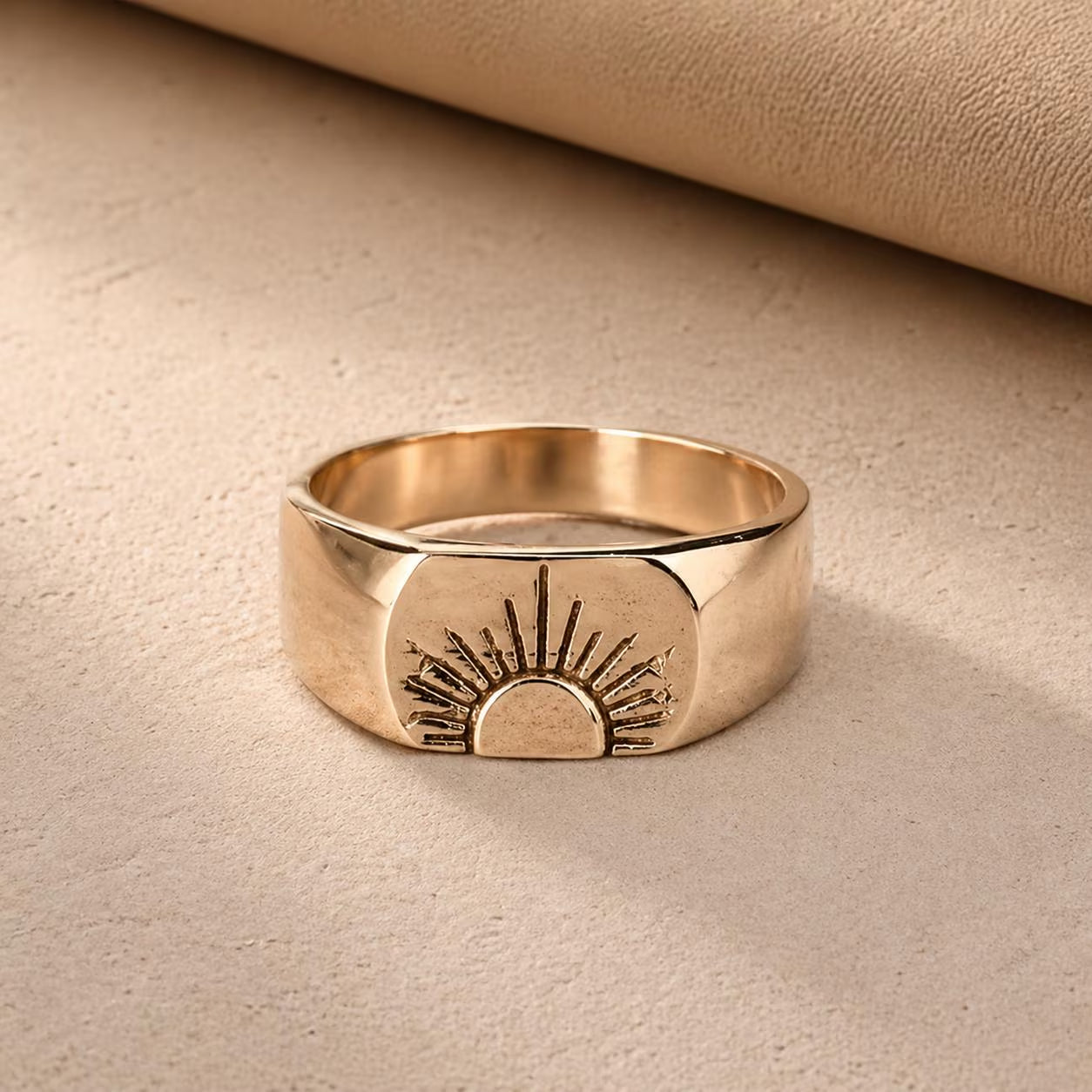 Gold Sun Signet Ring, Minimal Celestial Ring, Handmade Gold Ring, Boho Sun Jewelry, Unisex Statement Ring