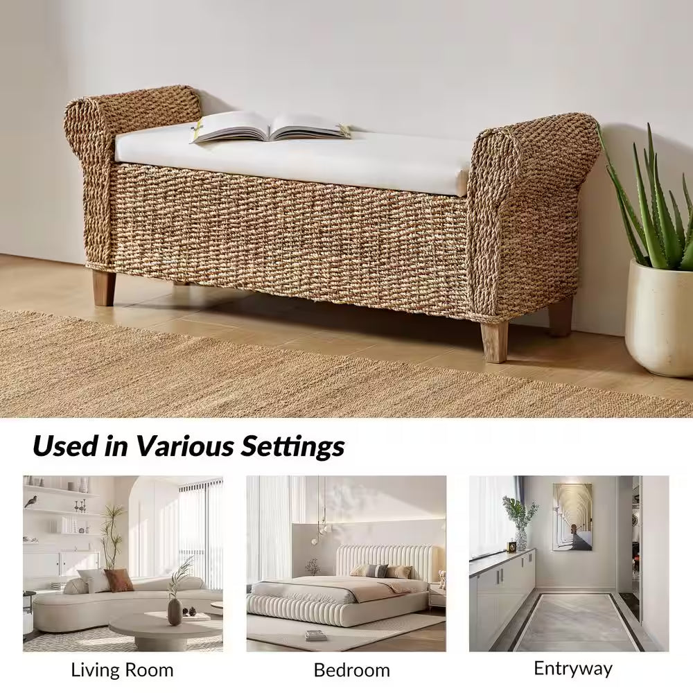August 56 In. W Boho Flip Top Storage Rattan Entryway Bench with Solid Wood Legs and Roll Arms-Natural
