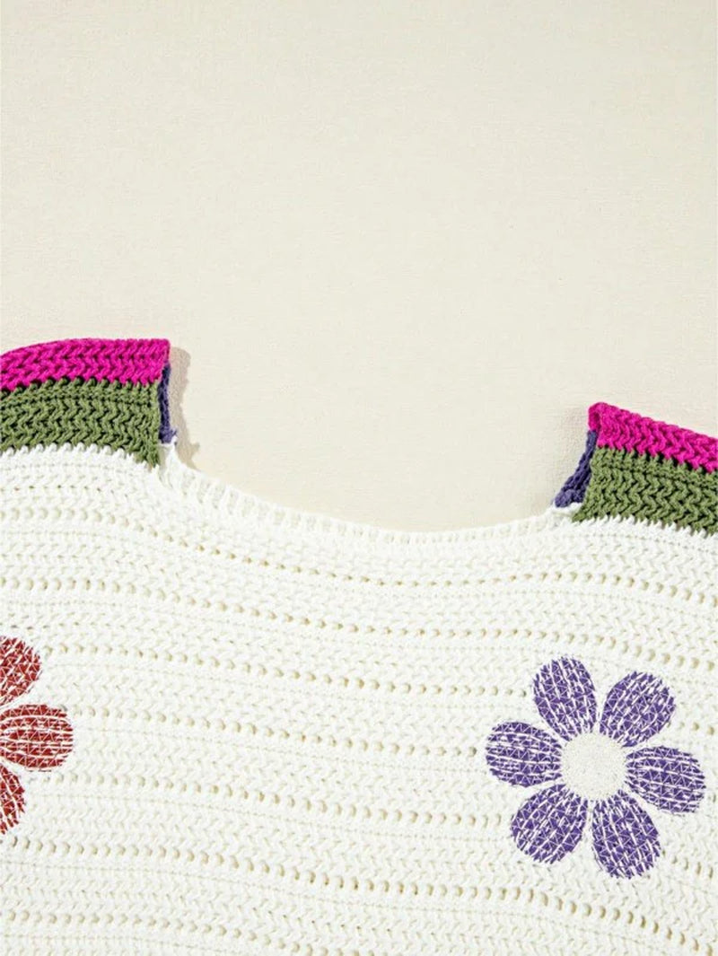Cotton Eyelet Boho Floral Knit Sweater