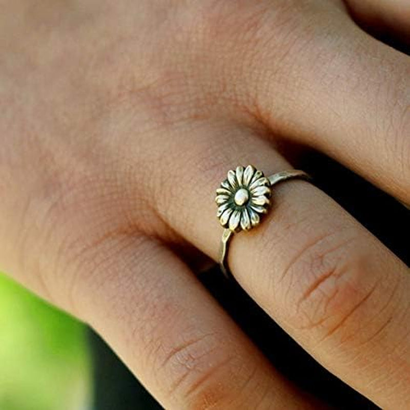 Antiqued Sunflower Rings Womens 925 Sterling Silver Flower Stack Sunflower Ring 18K Gold Floral Boho Rings Bride Wedding Gifts (7)