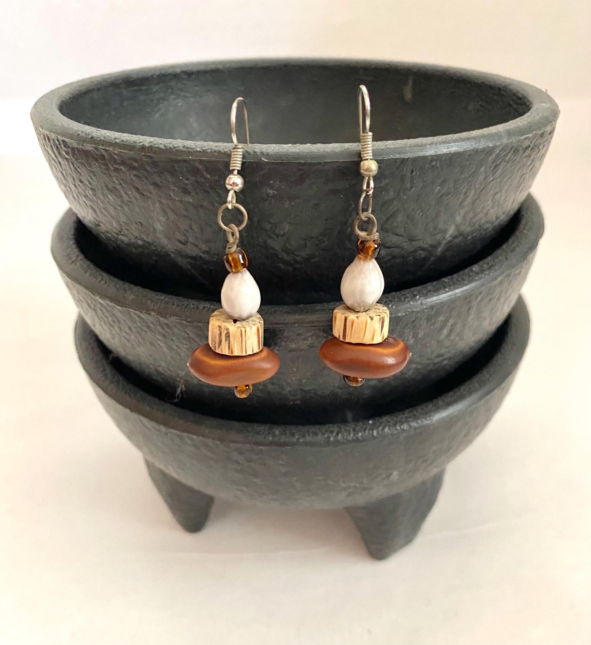 Mexican Wood, Shell and Glass Beaded Earrings