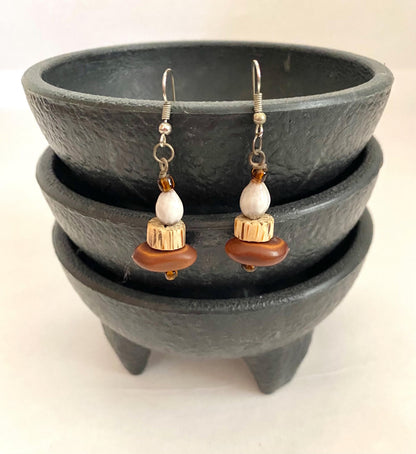 Mexican Wood, Shell and Glass Beaded Earrings
