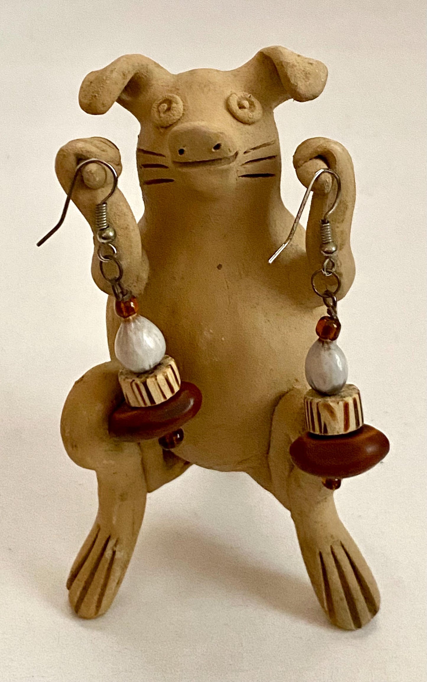Mexican Wood, Shell and Glass Beaded Earrings