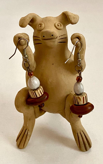 Mexican Wood, Shell and Glass Beaded Earrings