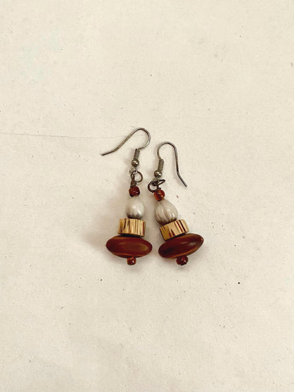 Mexican Wood, Shell and Glass Beaded Earrings