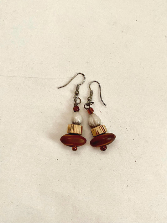 Mexican Wood, Shell and Glass Beaded Earrings