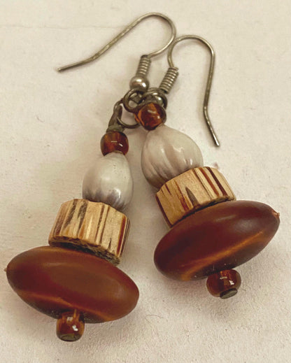 Mexican Wood, Shell and Glass Beaded Earrings
