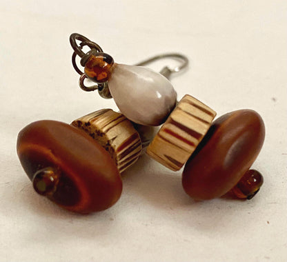 Mexican Wood, Shell and Glass Beaded Earrings